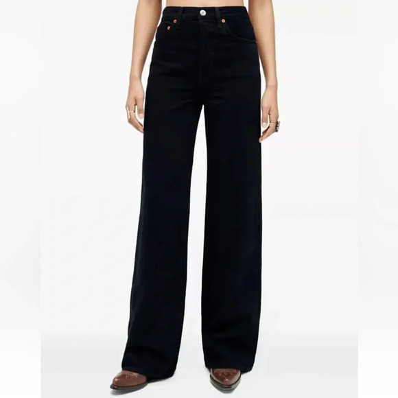 Re/Done 70s Stove Pipe Ultra High Rise Wide Leg Jeans Black Denim Size 24 $298 - Picture 4 of 12